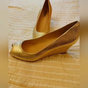 Gold LL Bennett London Gold Zelita Peeptoe Wedges, Size 39